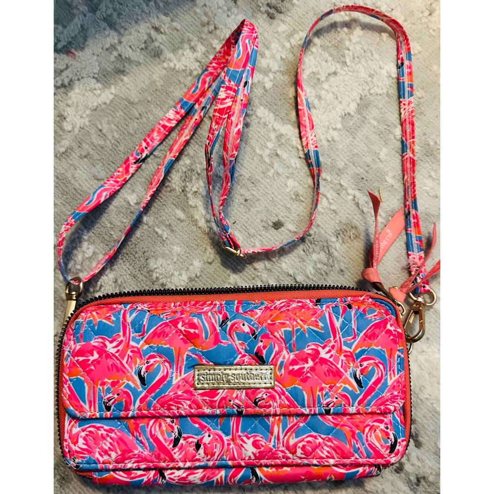 Simply Southern Pink Flamingo Quilted Crossbody Wallet Bag Blue Pink